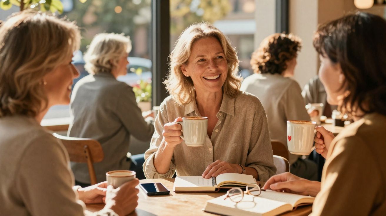 Três mulheres sorridentes a beber café e conversar numa cafetaria iluminada, com livros e óculos na mesa.