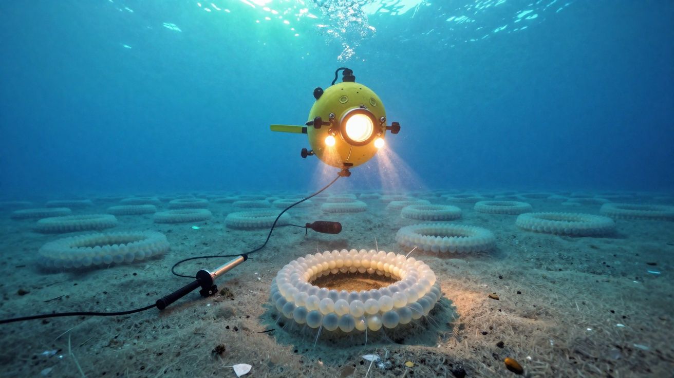 Veículo subaquático amarelo com luzes a explorar anéis brancos no fundo do mar.