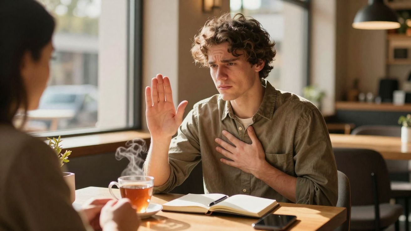 Jovem recusa bebida quente sentada à mesa com outra pessoa num café, parecendo sentir desconforto no peito.