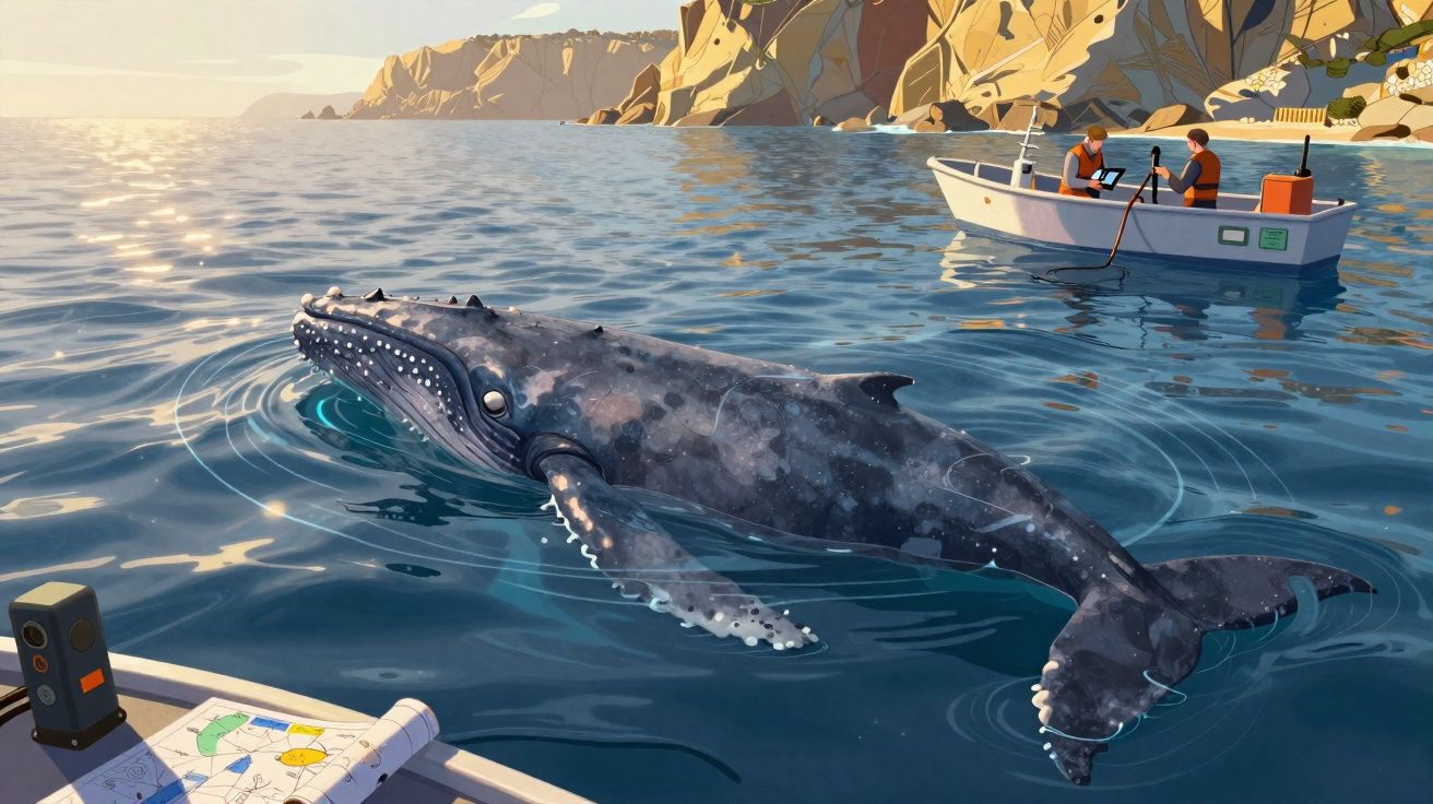Baleia perto da superfície do mar, com duas pessoas numa pequena embarcação e falésia ao fundo.