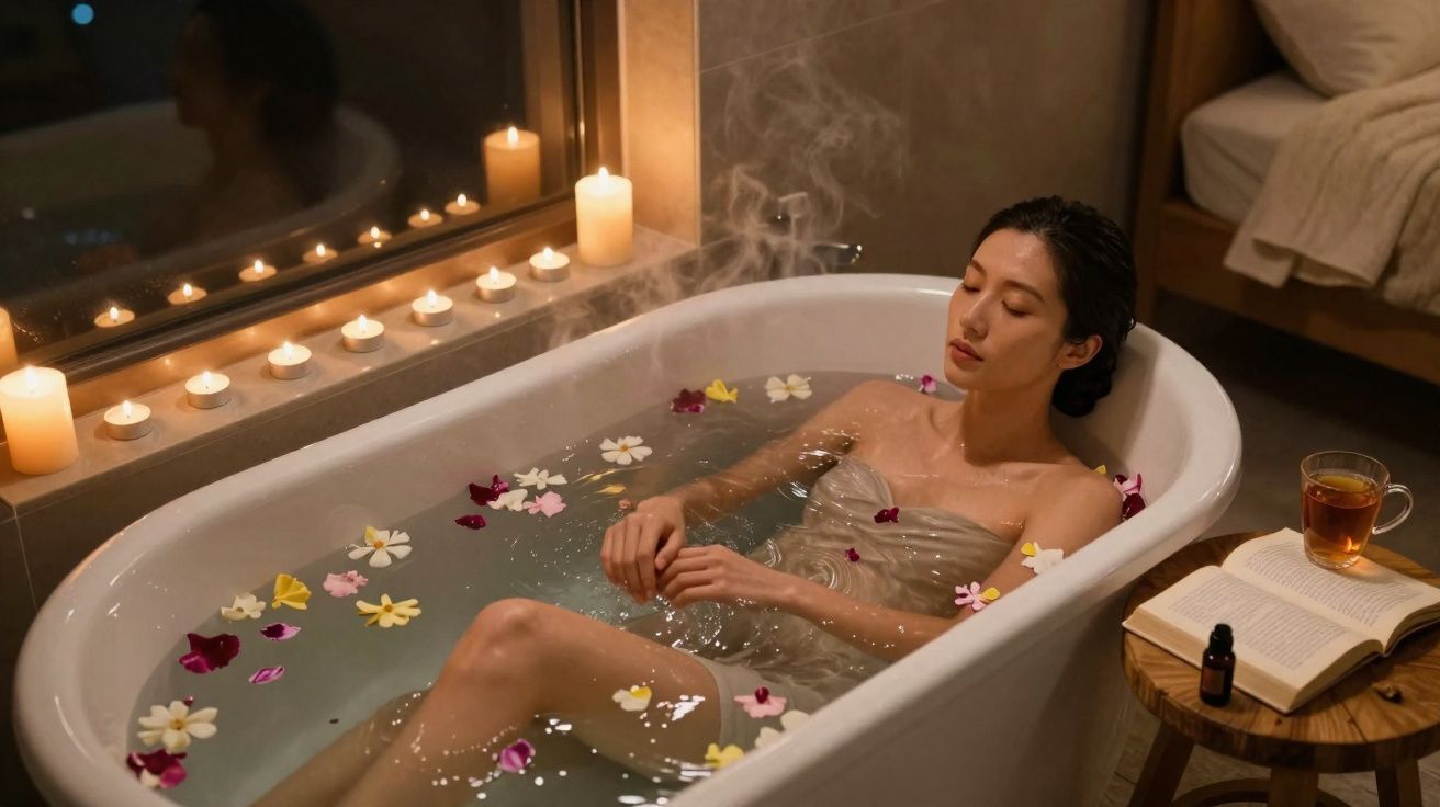 Mulher relaxa numa banheira com flores, rodeada por velas acesas e chá numa mesa ao lado.