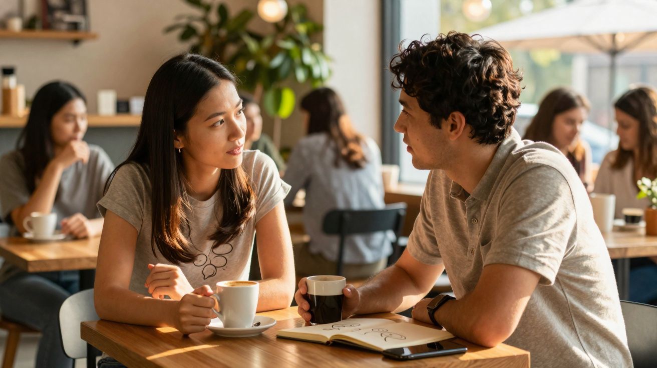Casal jovem sentado num café a conversar, com bebidas e caderno na mesa, outras pessoas ao fundo.