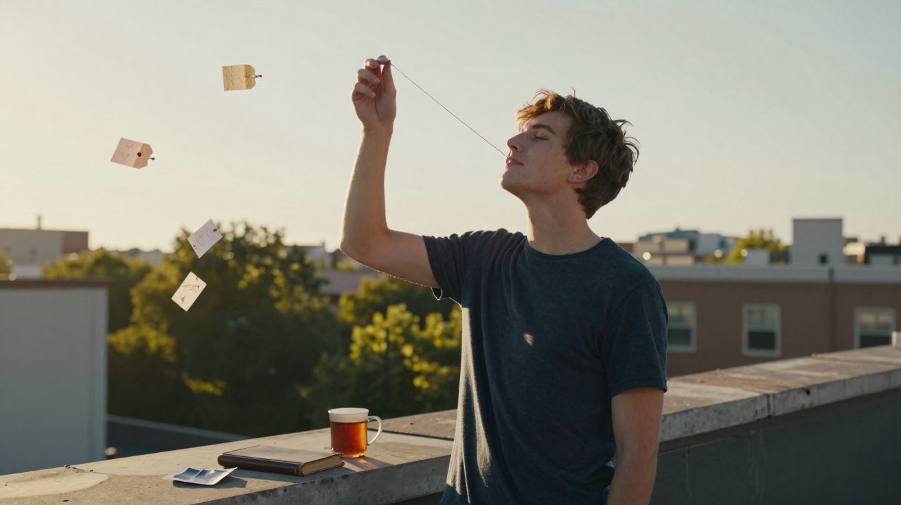 Jovem sentado no terraço com chá e a brincar com um fio que segura cartões de madeira suspensos.