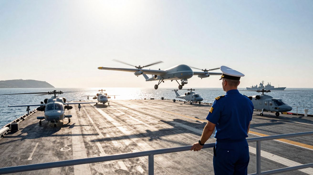 Marinheiro observa drone a descolar de porta-aviões com helicópteros estacionados no convés ao pôr do sol.