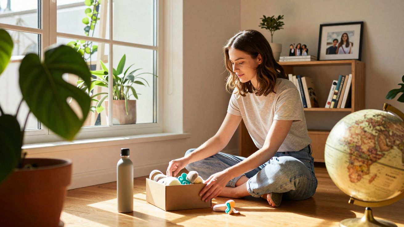 Mulher sentada no chão a organizar objetos numa caixa, próximo de plantas e um globo terrestre.