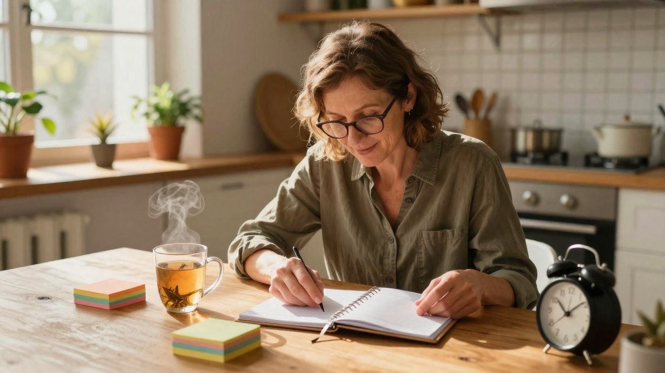Mulher sentada a escrever num caderno com chá quente e um relógio despertador numa mesa de madeira.
