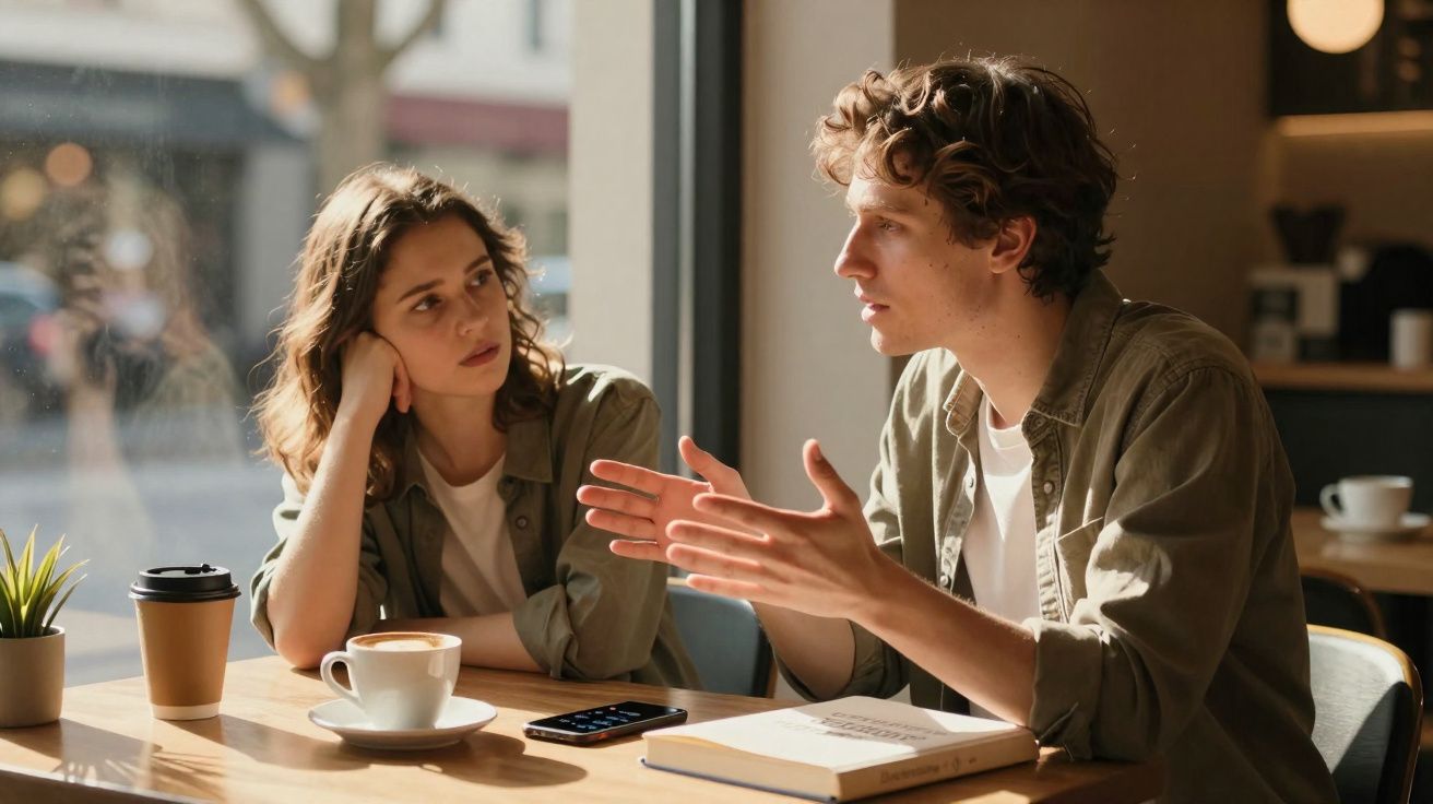 Jovem a explicar algo com gestos enquanto conversa com mulher num café iluminado pela luz natural.