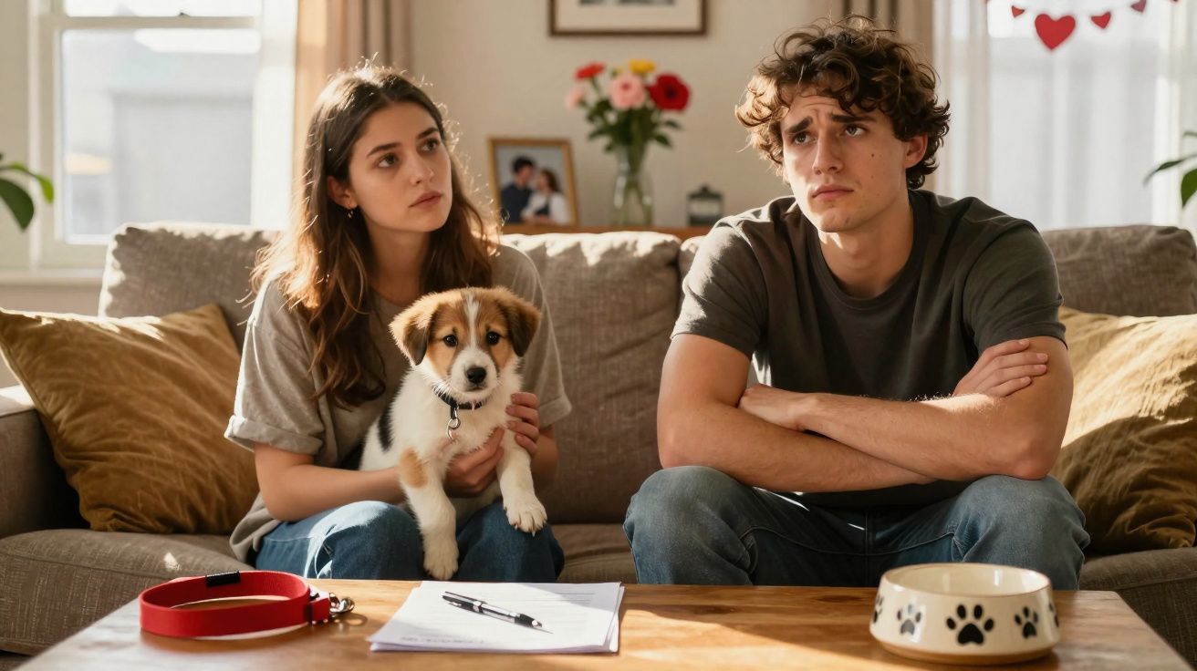 Casal sentado no sofá com cão bebé, expressão preocupada, cercados por objetos domésticos.