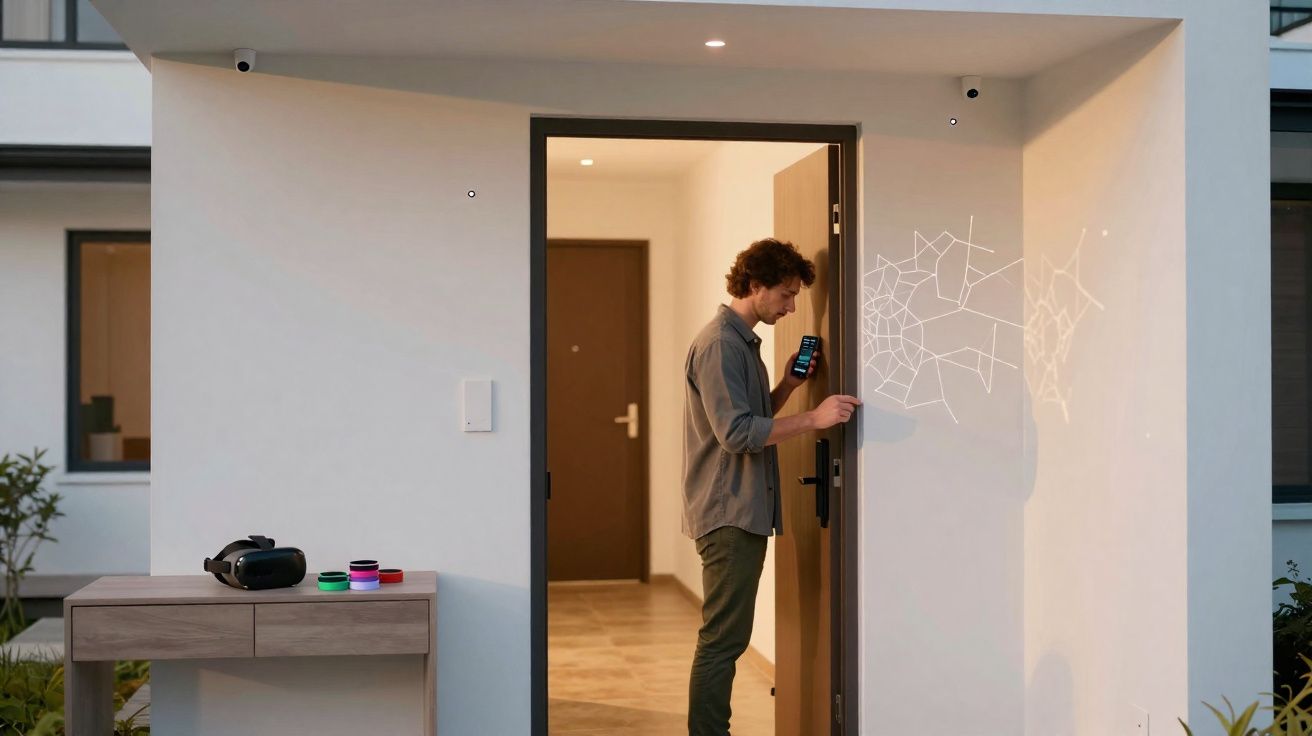 Homem a abrir porta de casa com fechadura inteligente usando smartphone ao entardecer.