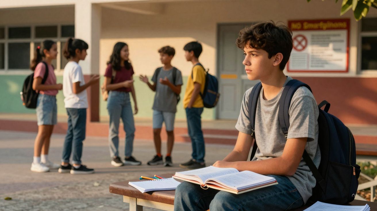 Aluno sentado sozinho com mochila e livros, enquanto grupo de colegas conversa ao fundo numa escola.