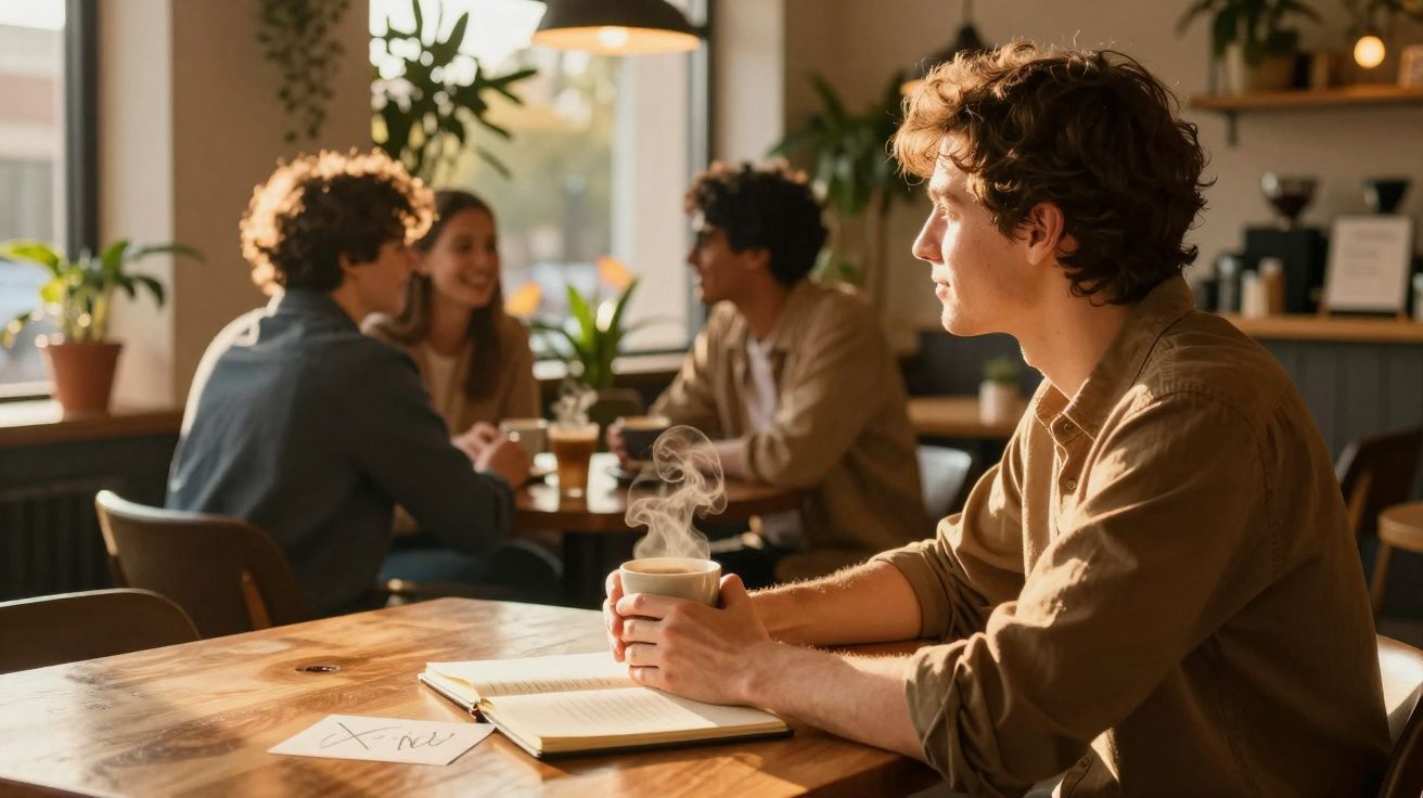 Pessoa sentada numa mesa de café segurando uma chávena de café fumegante, com um grupo ao fundo.