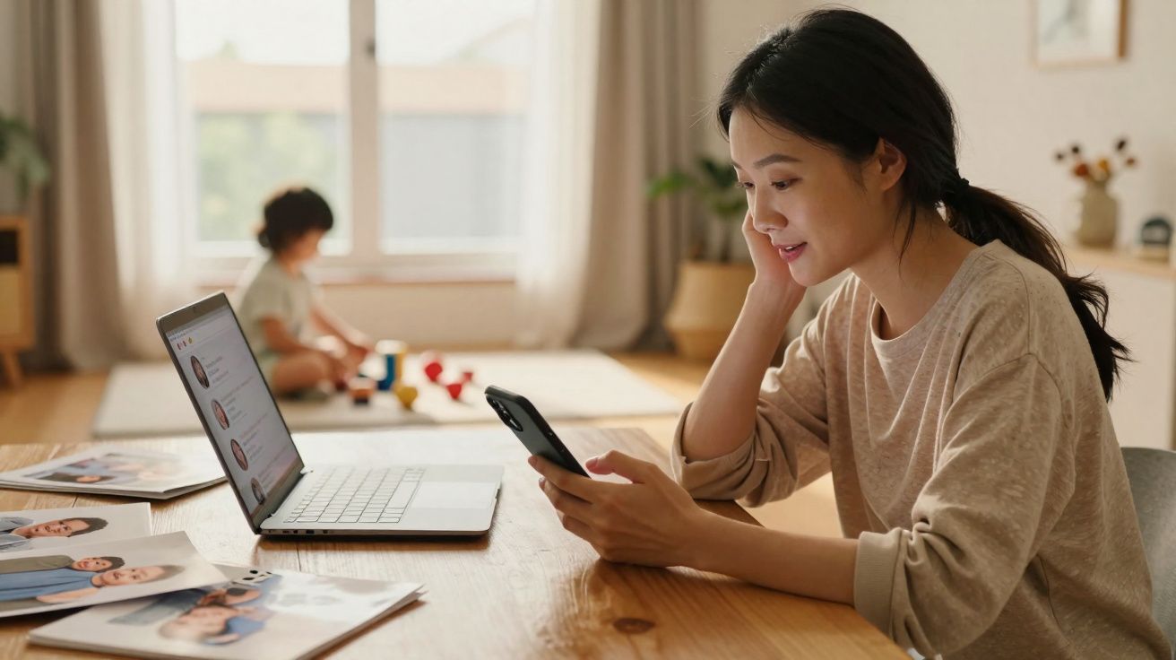 Mulher sentada a trabalhar no computador com telemóvel, criança a brincar no fundo da sala iluminada.