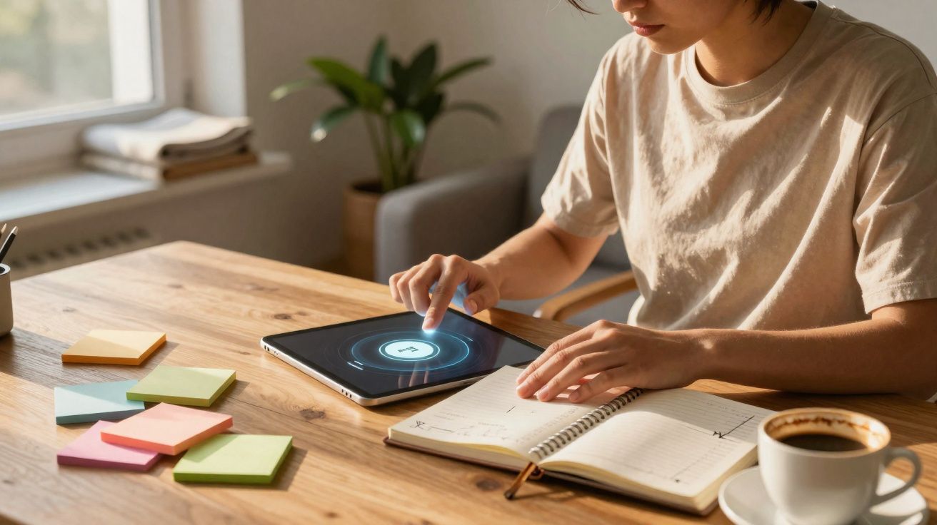 Pessoa a estudar com tablet, caderno e café numa mesa de madeira junto a uma janela.
