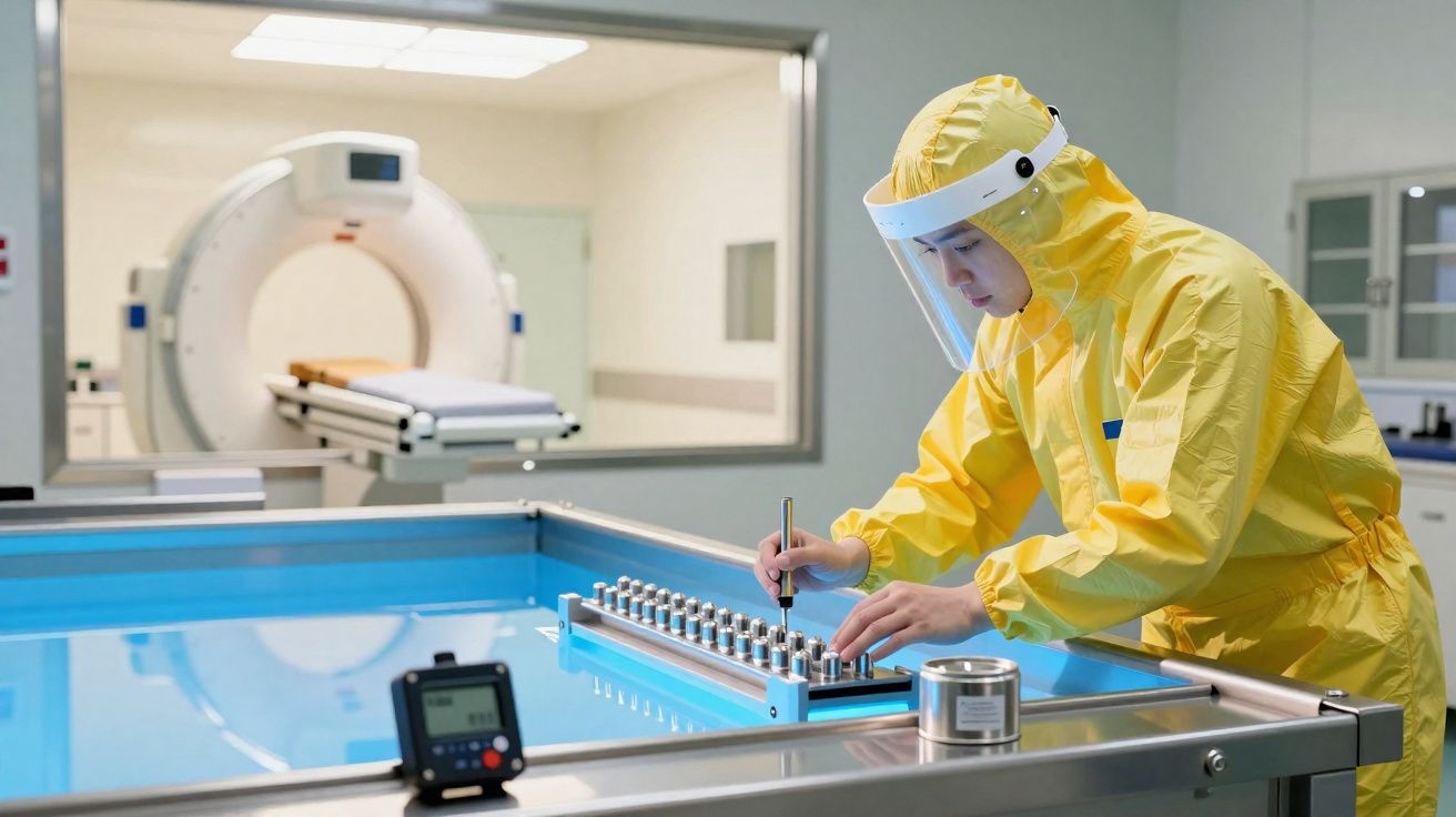 Profissional com equipamento de proteção amarela a realizar testes num laboratório com máquina de ressonância magnética ao fu