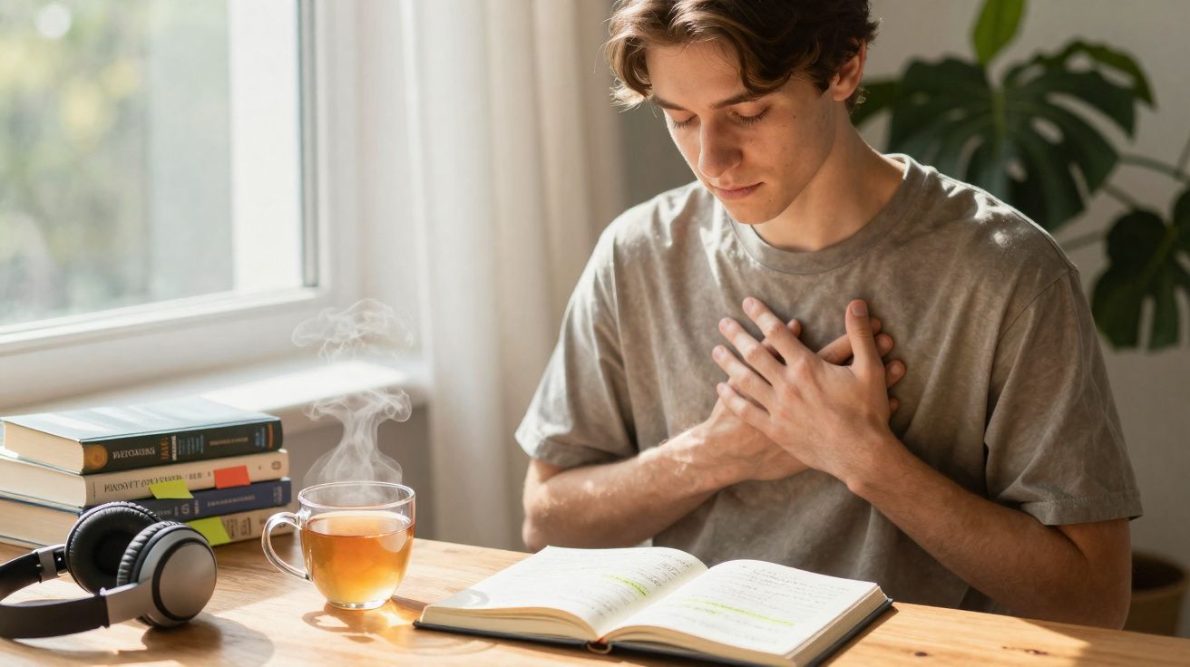 Jovem sentado a ler um livro com as mãos no peito, ao lado de chá quente, livros e auscultadores numa mesa.