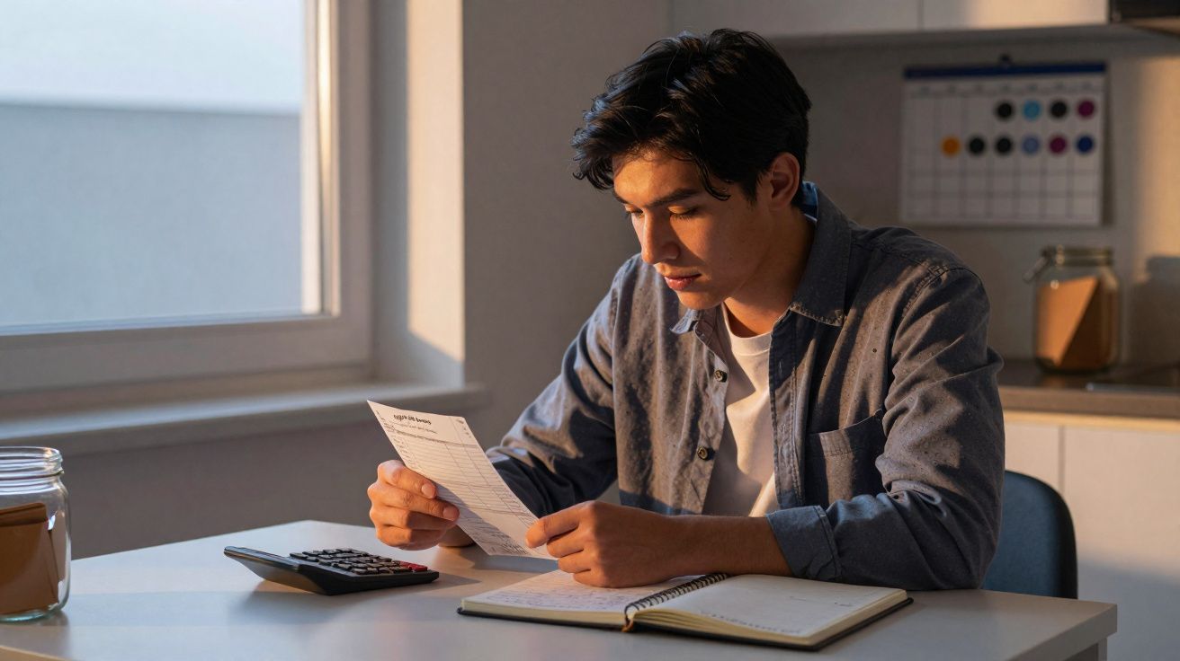 Jovem sentado à mesa a analisar documentos com calculadora e agenda num ambiente iluminado pela luz natural.