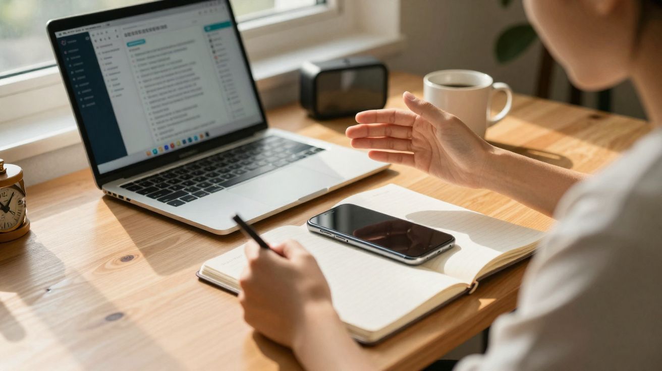 Pessoa a estudar ou trabalhar com portátil, telemóvel, caderno e chá numa mesa de madeira junto à janela.