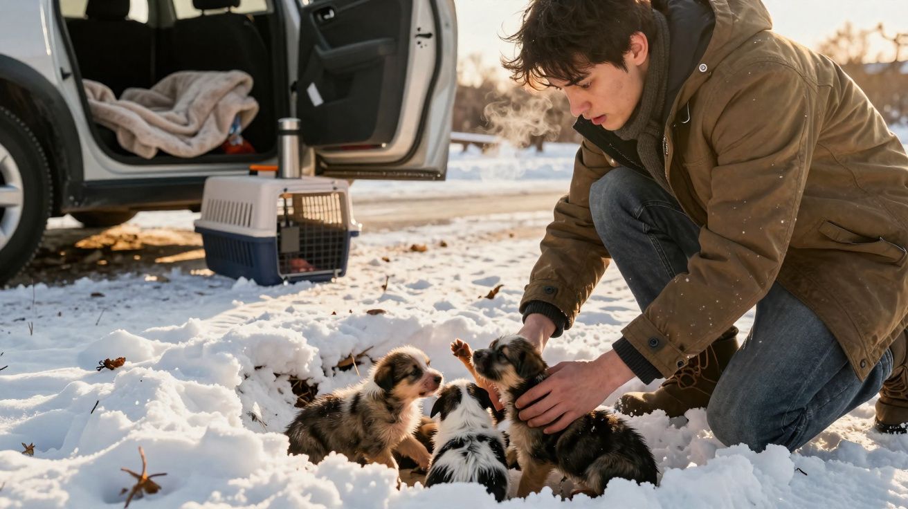 Jovem a brincar com três cachorros na neve junto a carro estacionado com porta aberta e caixa de transporte.