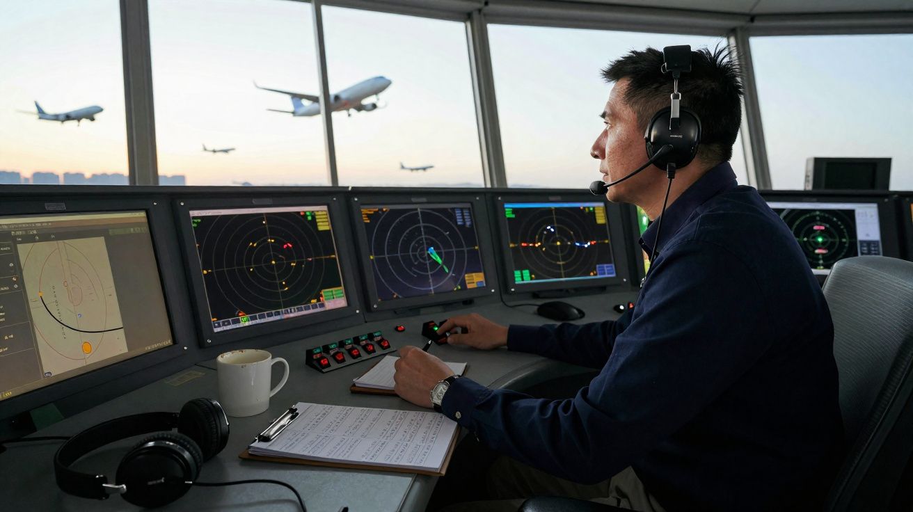 Controlador aéreo sentado junto a ecrãs de radar e aviões a descolar numa torre de controlo.