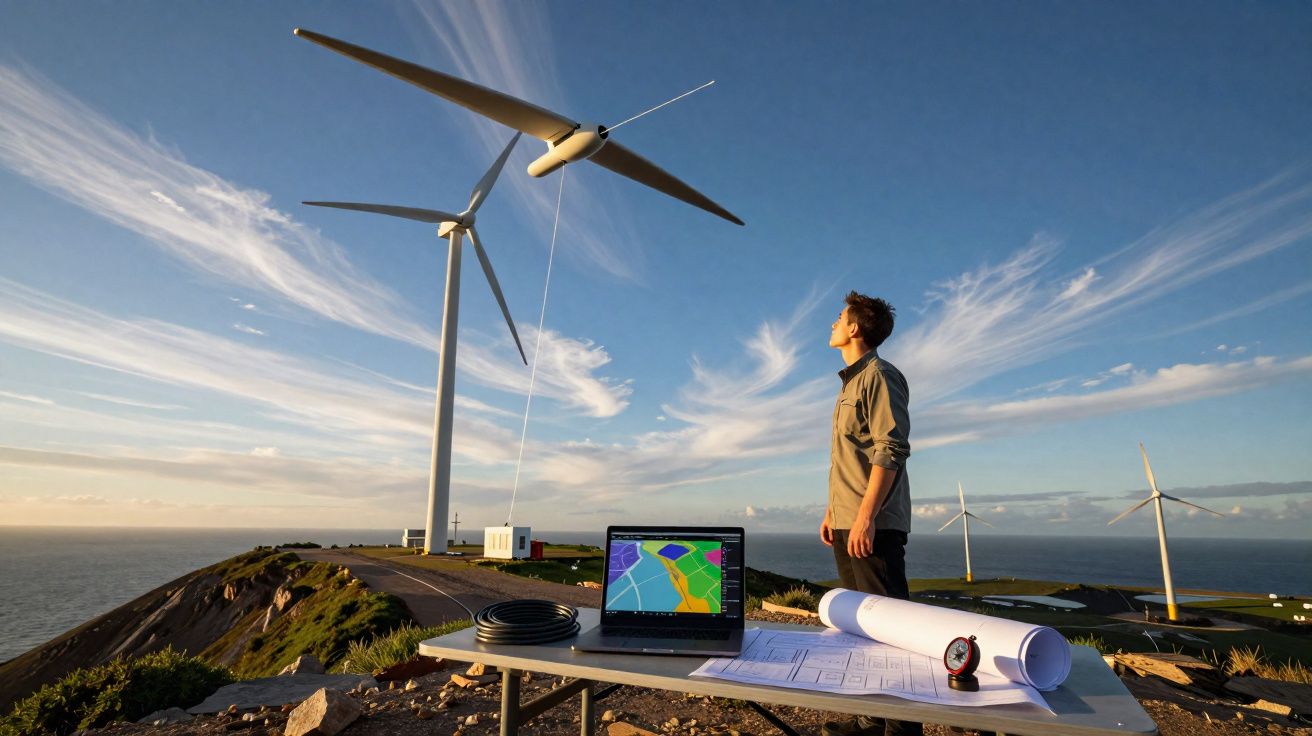 Homem observa turbina eólica numa colina com laptop e plantas num balcão à frente, céu azul com nuvens.