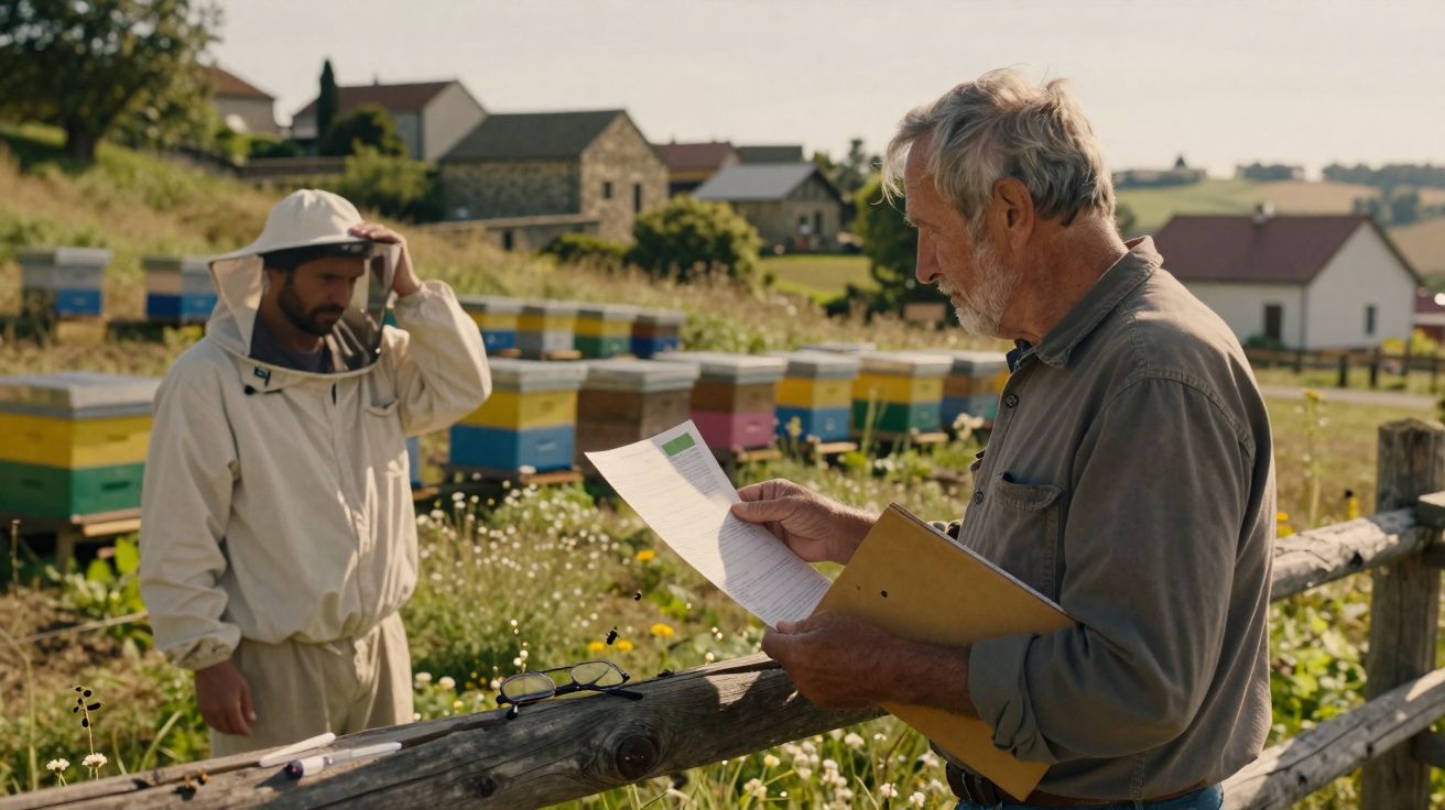 Homem idoso lê documentos junto a apicultor com roupa de proteção perto de colmeias numa área rural.