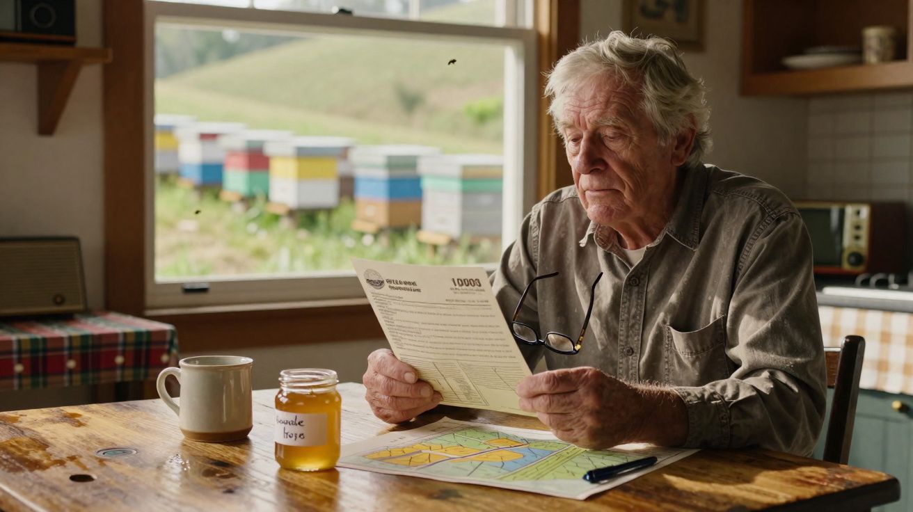 Homem idoso sentado a ler um documento numa cozinha com frascos de mel sobre a mesa e colmeias ao fundo.