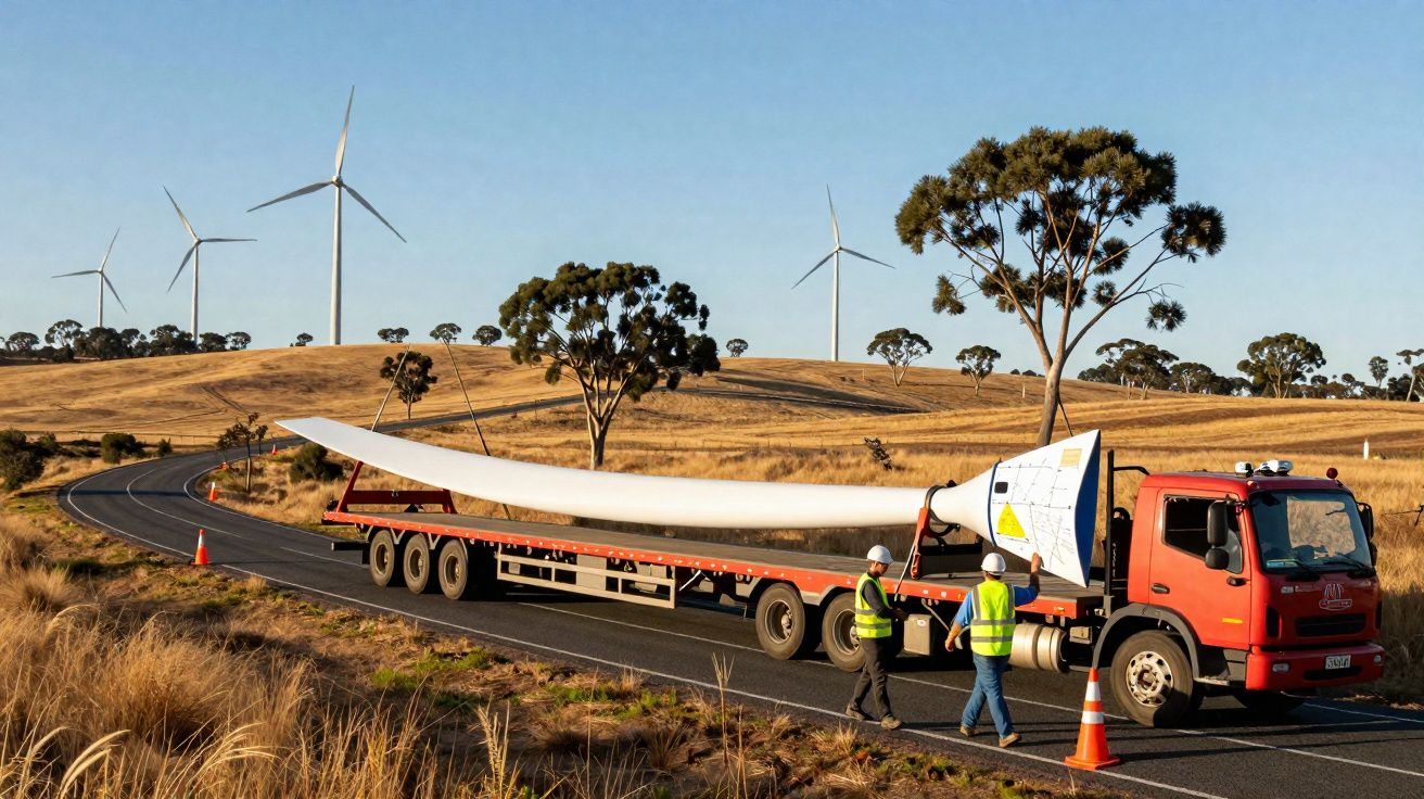 Camião vermelho transporta uma pá de turbina eólica numa estrada rural com moinhos de vento ao fundo.