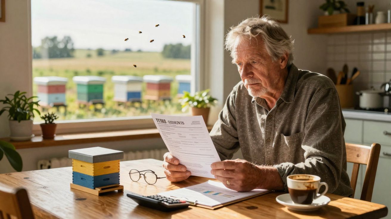 Homem idoso a ler documentos numa cozinha com colmeias e abelhas ao fundo pela janela.