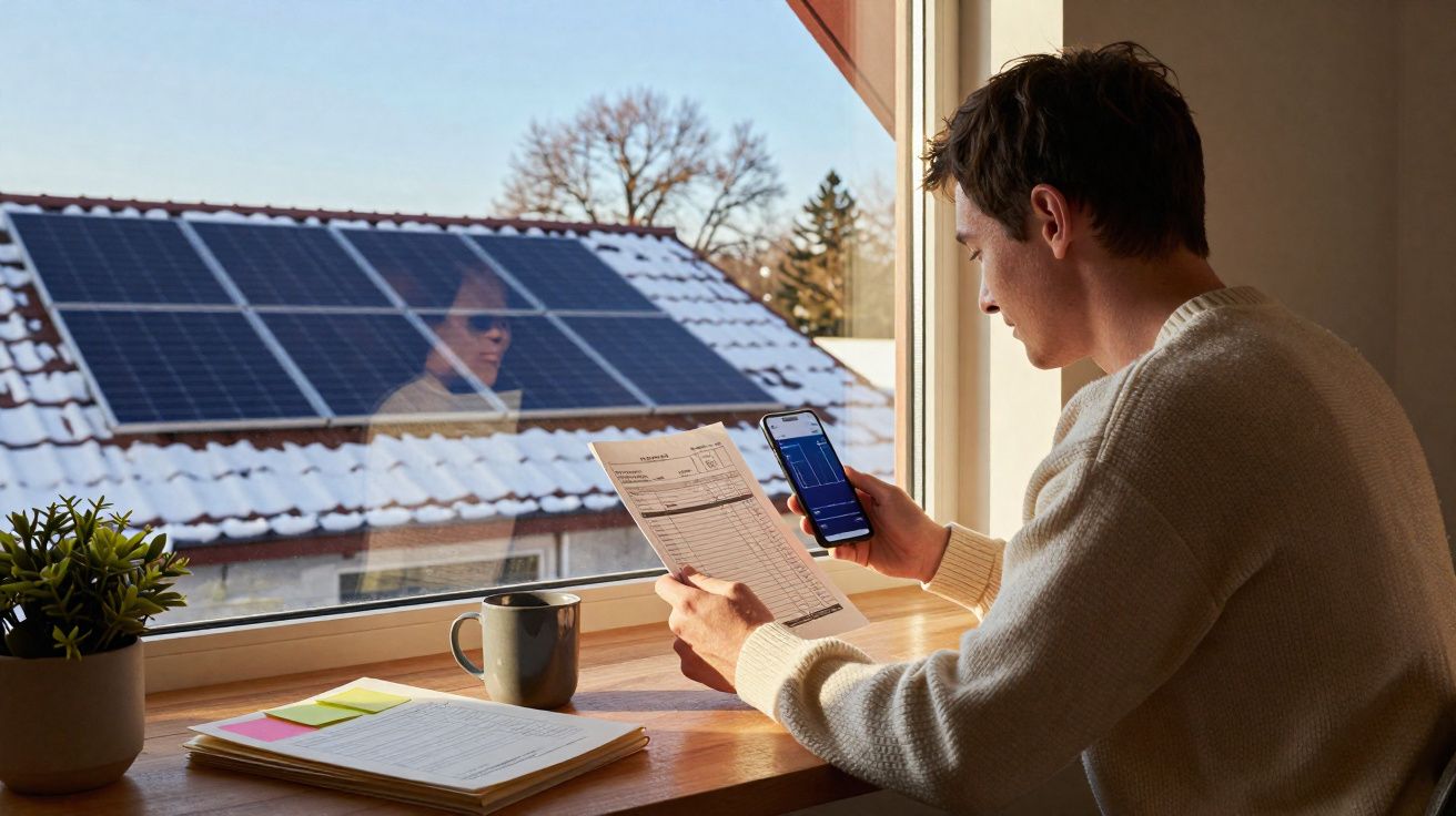 Homem a consultar fatura e telemóvel junto a janela com painel solar no telhado visível ao fundo.