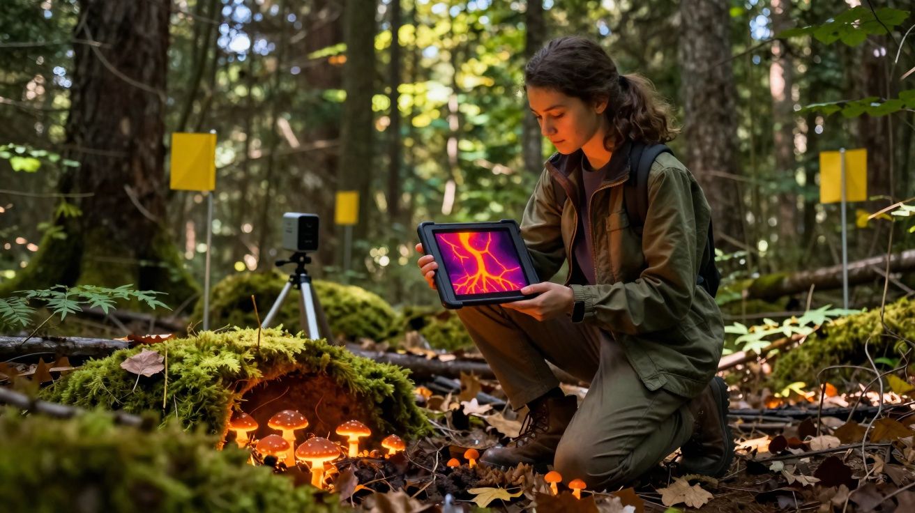 Mulher observa cogumelos luminosos numa floresta, segurando tablet com imagem colorida de raízes.