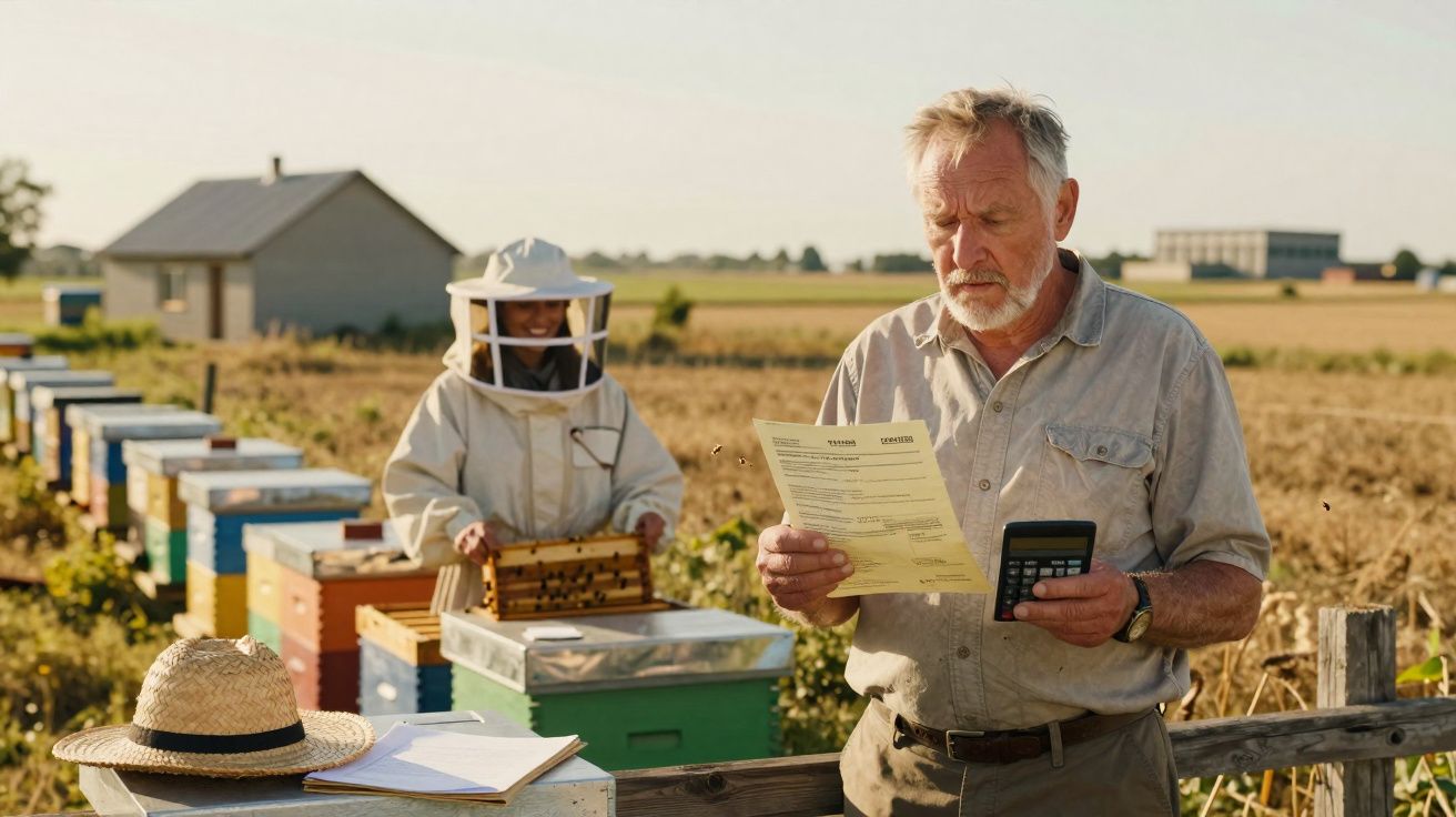 Apicultores a trabalhar numa quinta de apicultura com colmeias coloridas ao fundo num dia ensolarado.