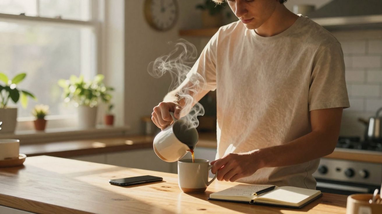 Pessoa jovem a servir café quente numa caneca numa cozinha luminosa e moderna.