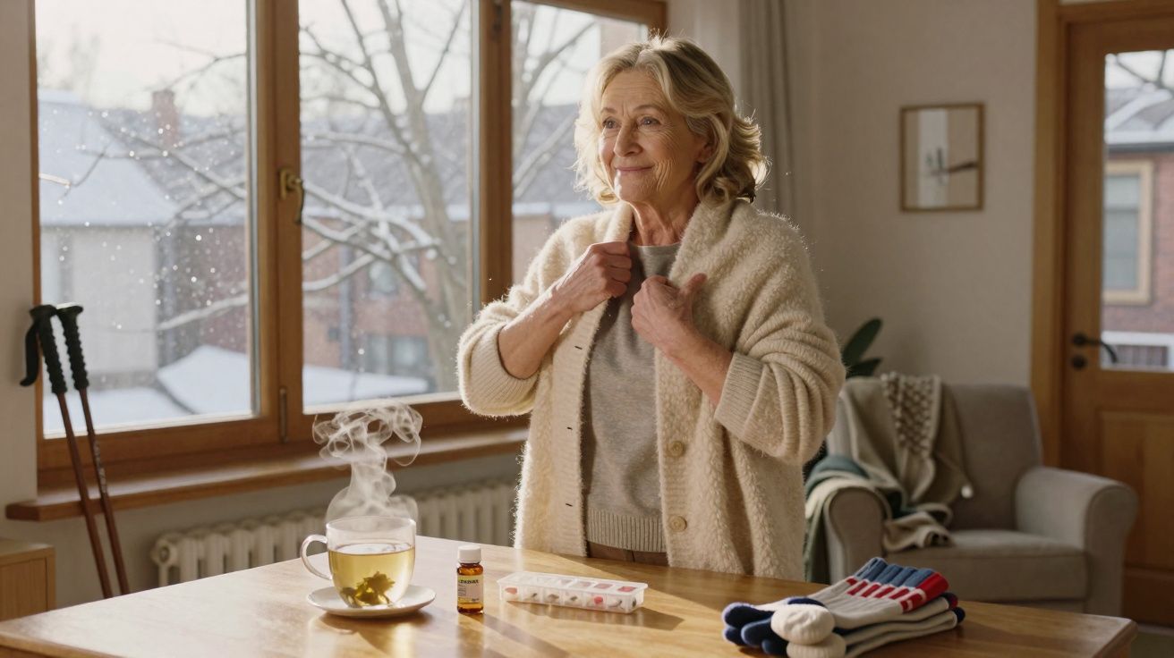 Mulher sénior de cardigan bege ajusta a roupa junto a mesa com chá quente e medicamentos numa sala iluminada.