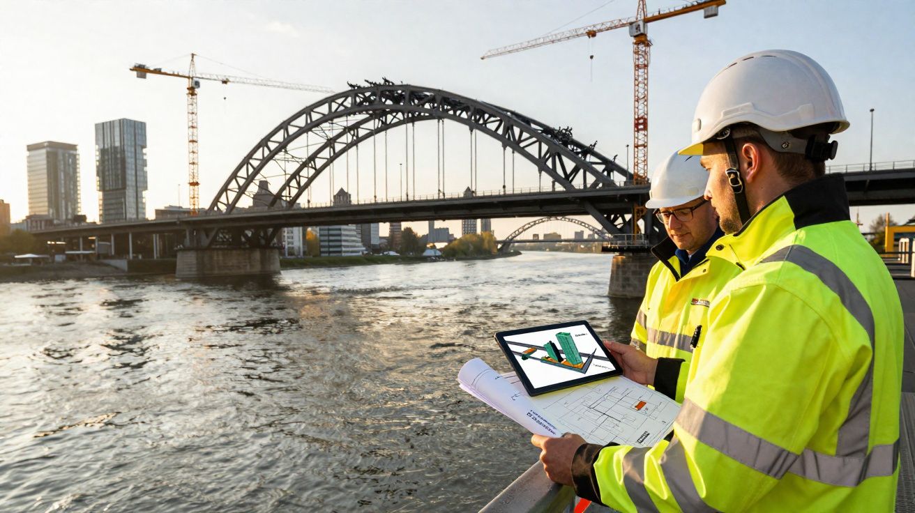 Dois engenheiros com capacete e colete refletor analisam plantas junto a um rio com ponte e guindastes ao fundo.