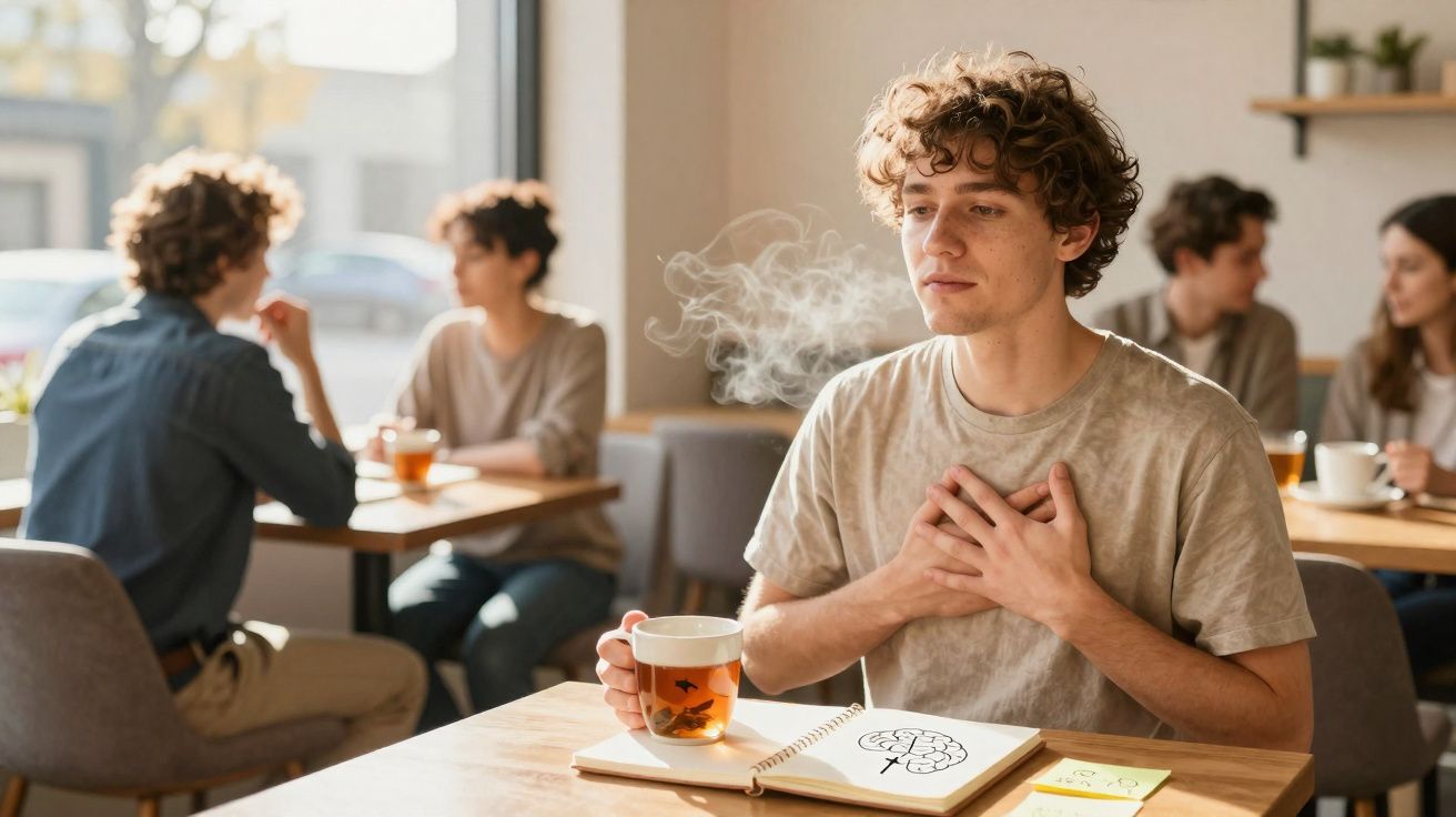 Homem com ar preocupado bebe chá num café, com desenho de cérebro aberto numa agenda à sua frente.