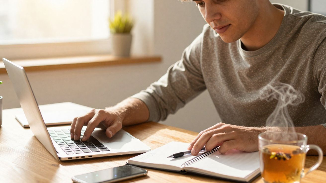 Homem a trabalhar num portátil enquanto escreve numa agenda, com chá quente ao lado sobre a mesa de madeira.