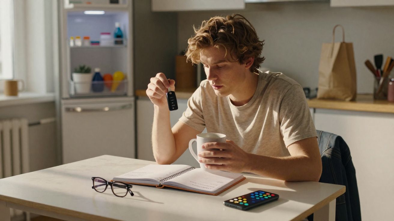 Homem sentado à mesa com caderno aberto, segurando uma chávena e um comando de voz numa cozinha moderna.