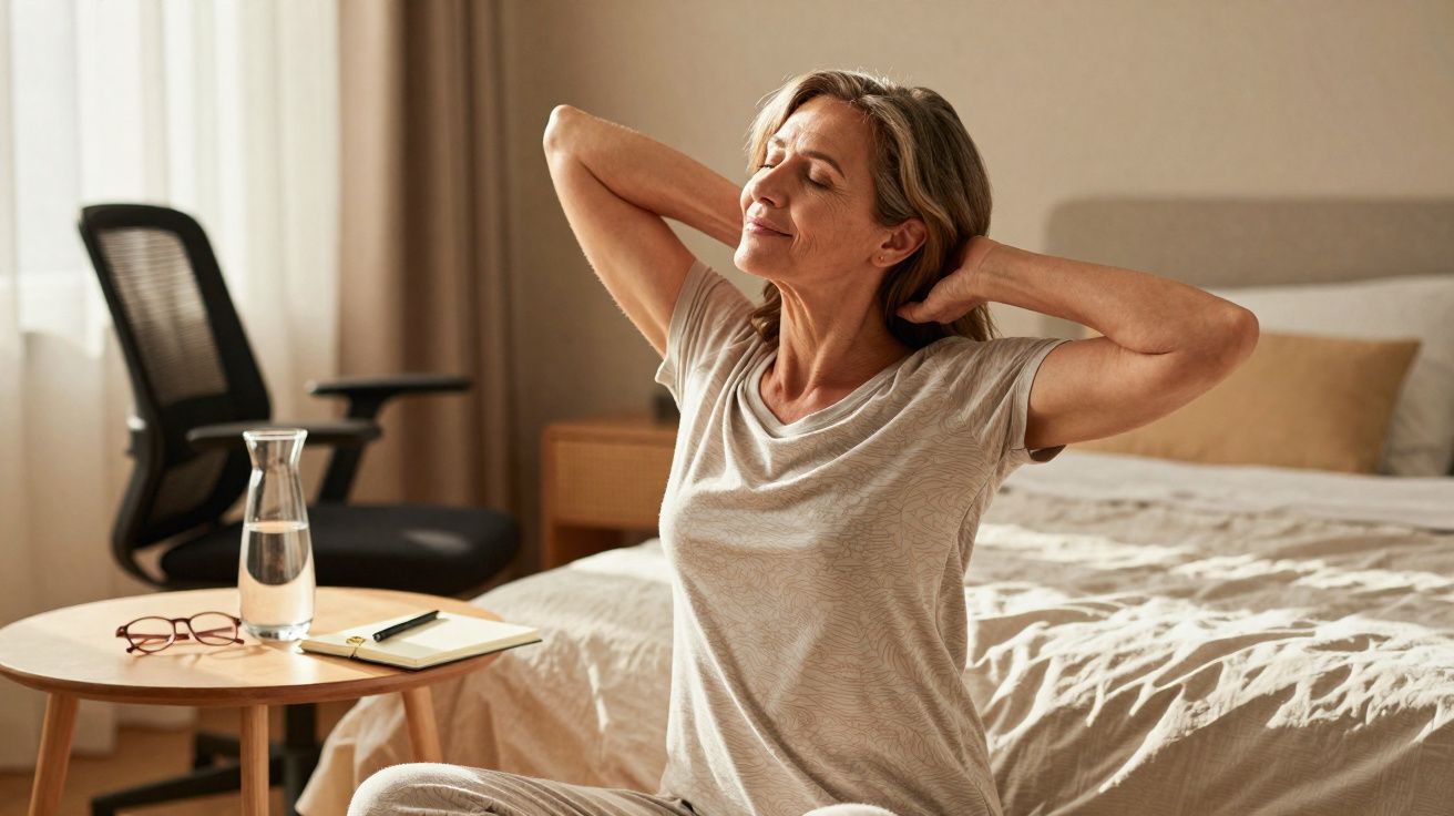 Mulher sentada na cama a alongar o pescoço, com olhos fechados, em quarto iluminado pela manhã.