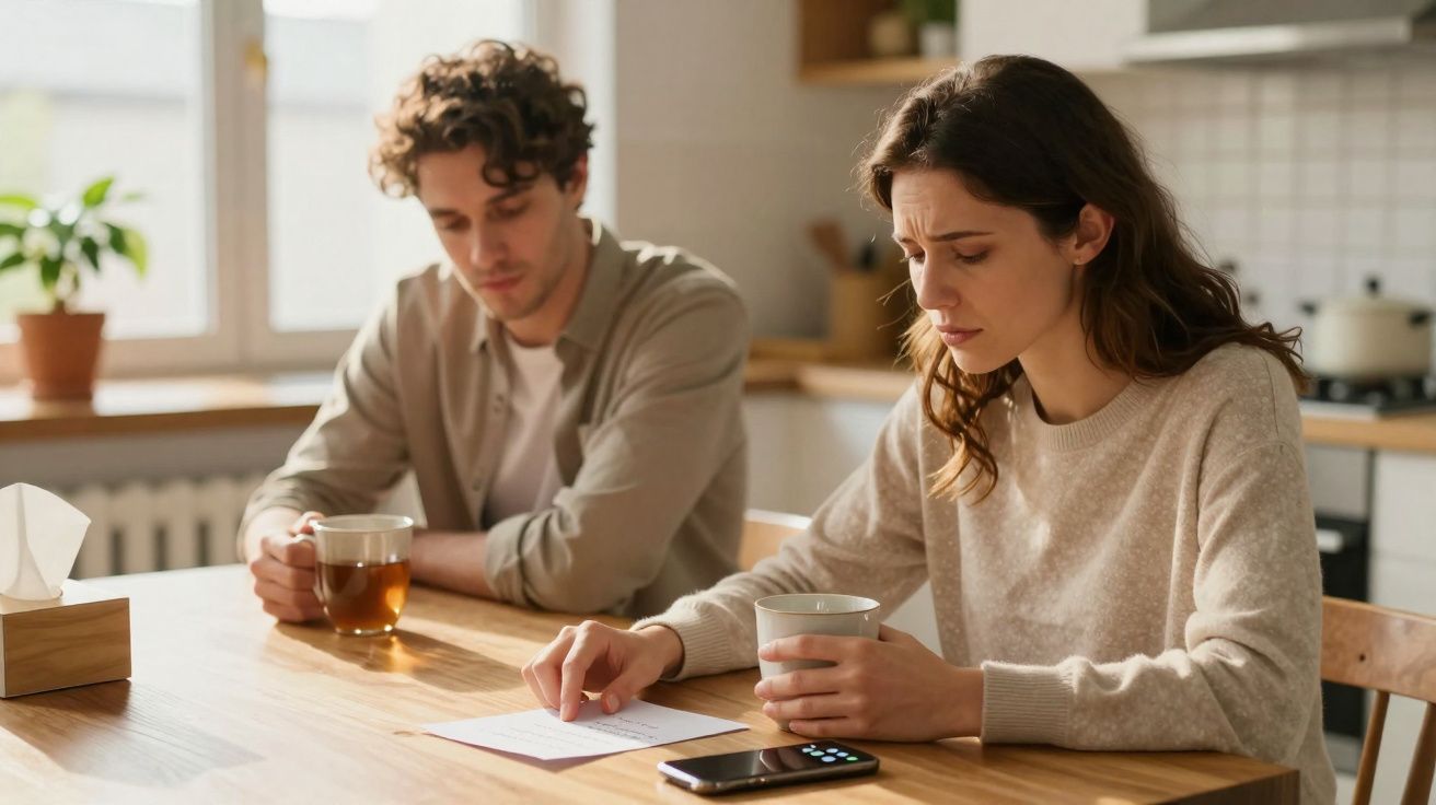 Casal sentado à mesa de cozinha, mulher lê carta preocupada enquanto homem observa em silêncio.