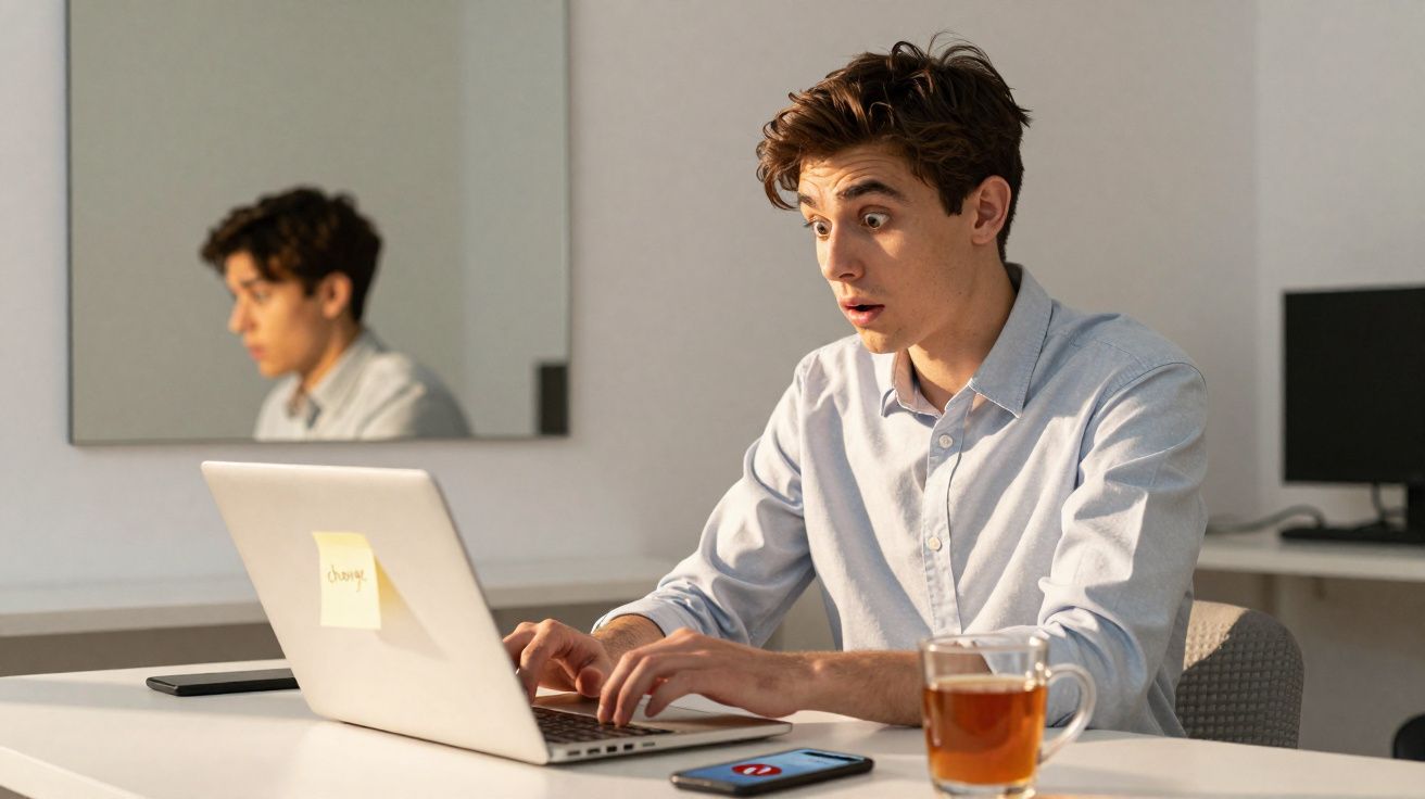 Jovem surpreendido ao olhar para o ecrã do portátil enquanto digita numa mesa com chá e telemóvel.