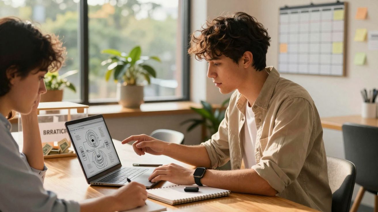 Dois jovens a colaborar num projeto científico com computador portátil e apontamentos numa sala iluminada.
