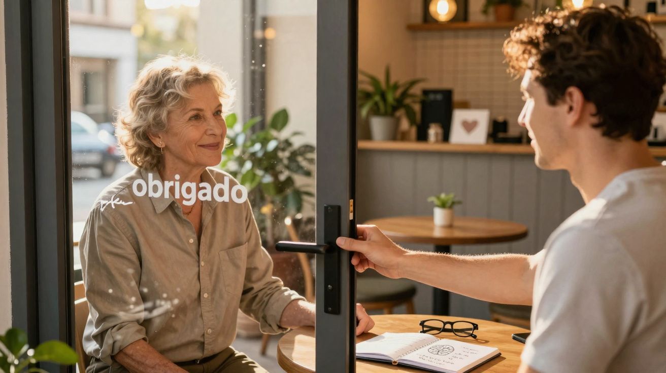 Homem abre porta de vidro com palavra "obrigado" para mulher sorridente do outro lado.