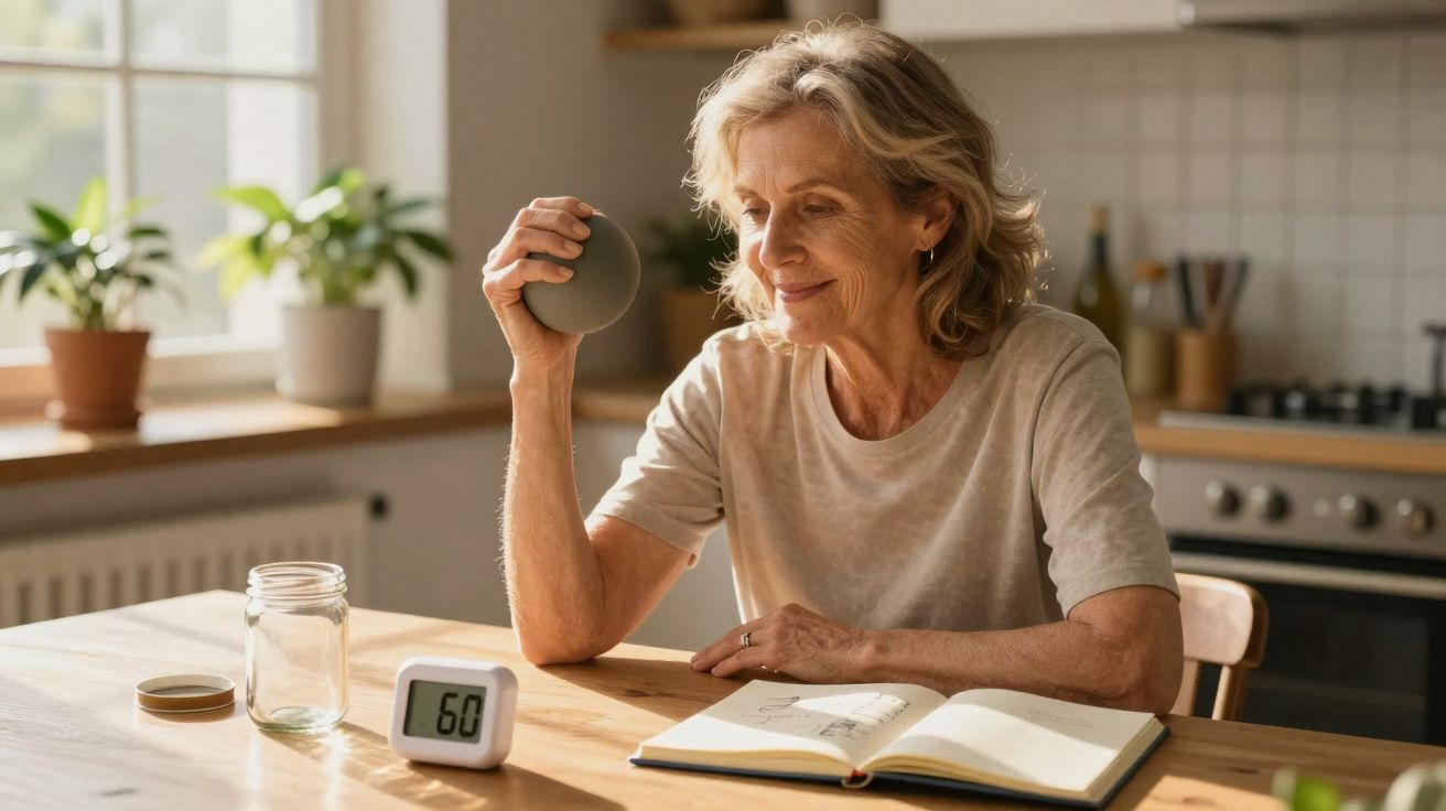Mulher de meia-idade a fazer exercícios de mão com bola antiestrés em cozinha iluminada, com diário aberto.