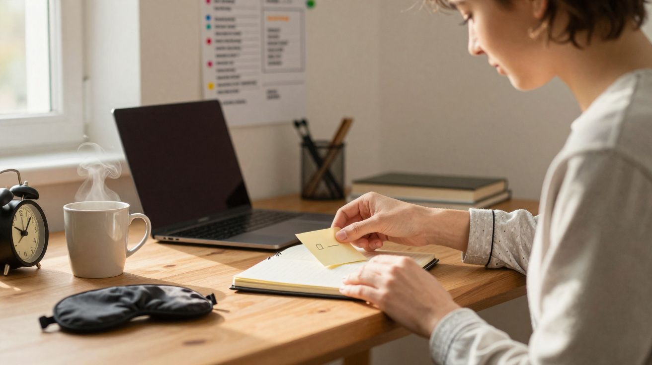 Pessoa a trabalhar numa secretária com portátil, chá quente, máscara de dormir, despertador e notas adesivas.