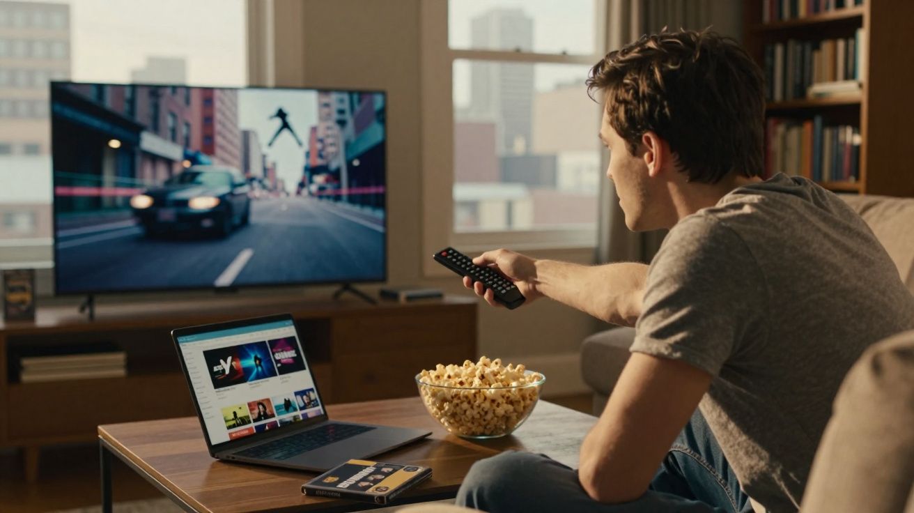 Homem sentado no sofá a usar comando para escolher filme, com portátil e taça de pipocas à frente.