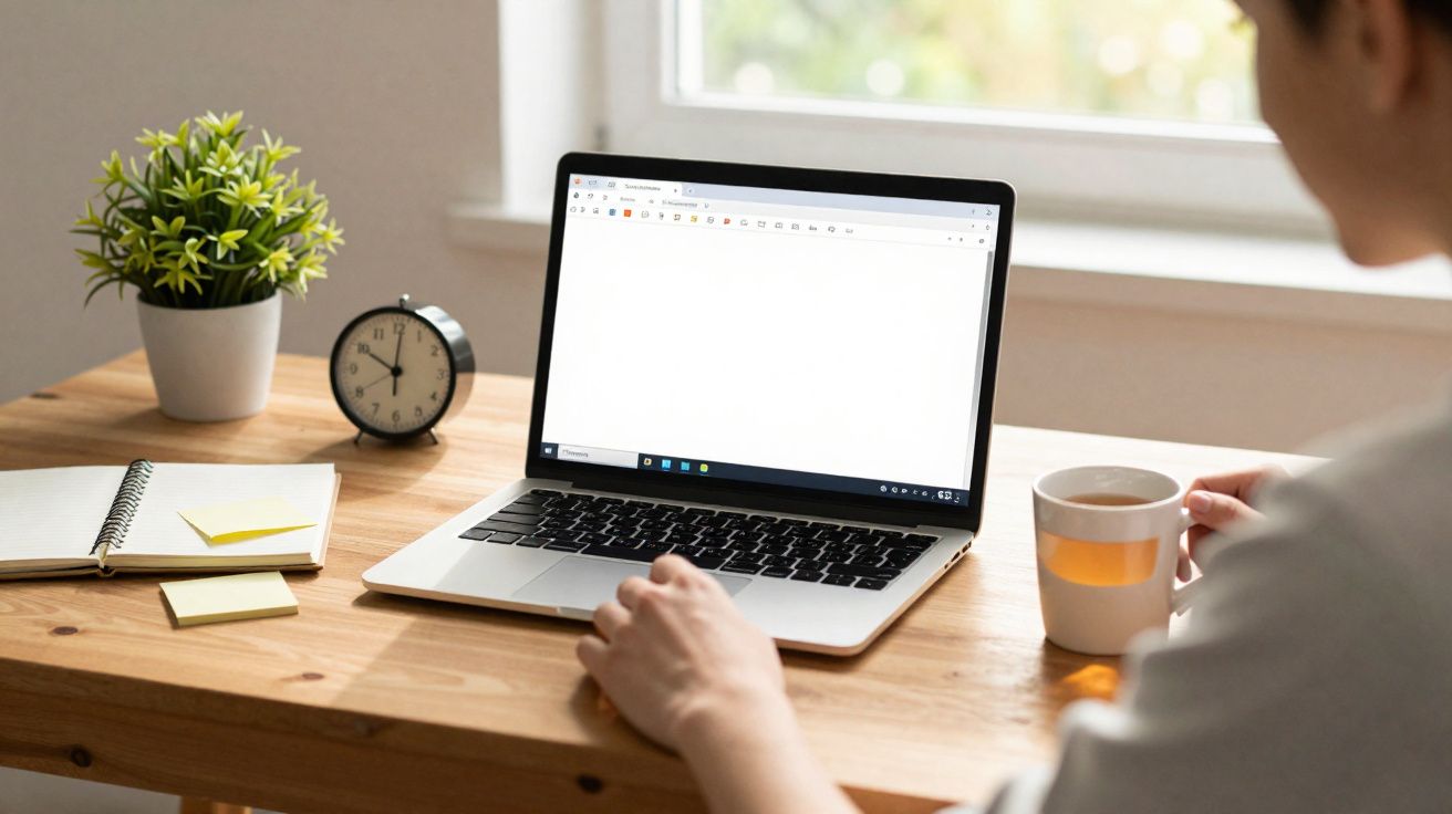 Pessoa a trabalhar num computador portátil junto a uma janela, com caneca, relógio, caderno e planta na secretária.