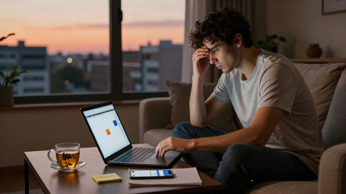 Homem preocupado a trabalhar no portátil numa sala ao entardecer com chá, notas e telemóvel na mesa.