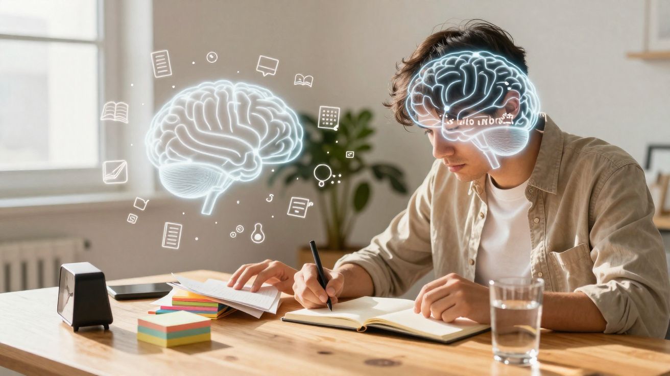 Jovem a estudar numa mesa com ilustrações digitais de cérebro simbolizando aprendizagem e pensamento.