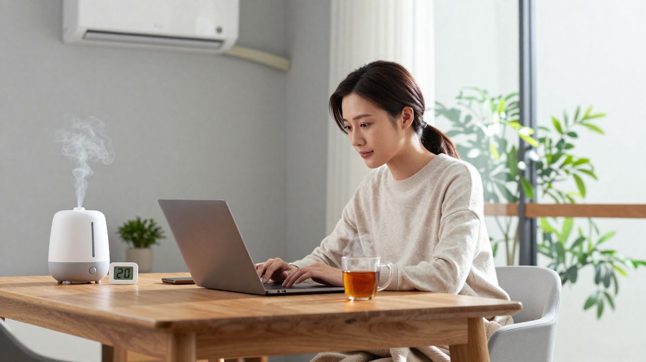 Mulher a trabalhar num portátil sentada à mesa com chá e difusor de aroma num ambiente luminoso.