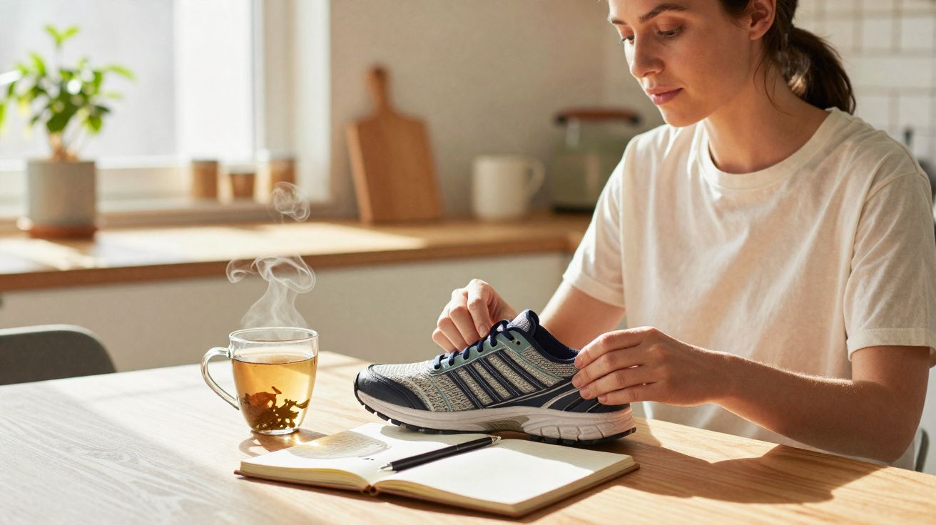 Mulher sentada à mesa, segurando um ténis com chá quente e caderno à sua frente numa cozinha iluminada.